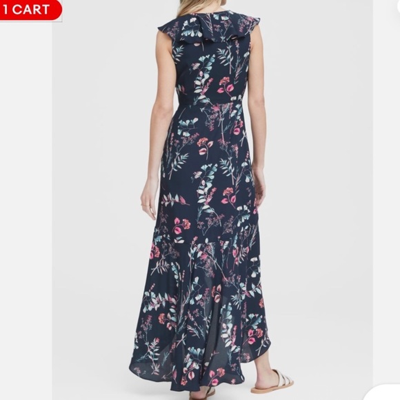 Banana Republic Dress Preppy Navy Floral Faux Wrap High low Lined side‎ zip 8 - Picture 2 of 9